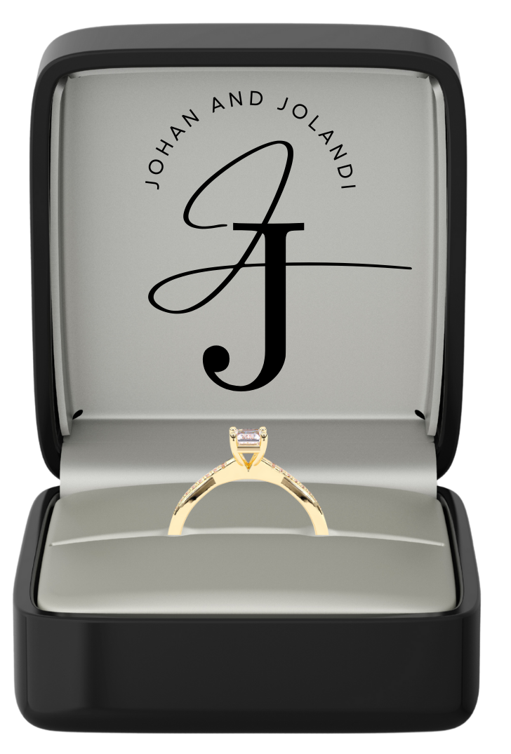 An image of a ring placed in a stylinsh box and with the logo of Johan and Jolandi's wedding